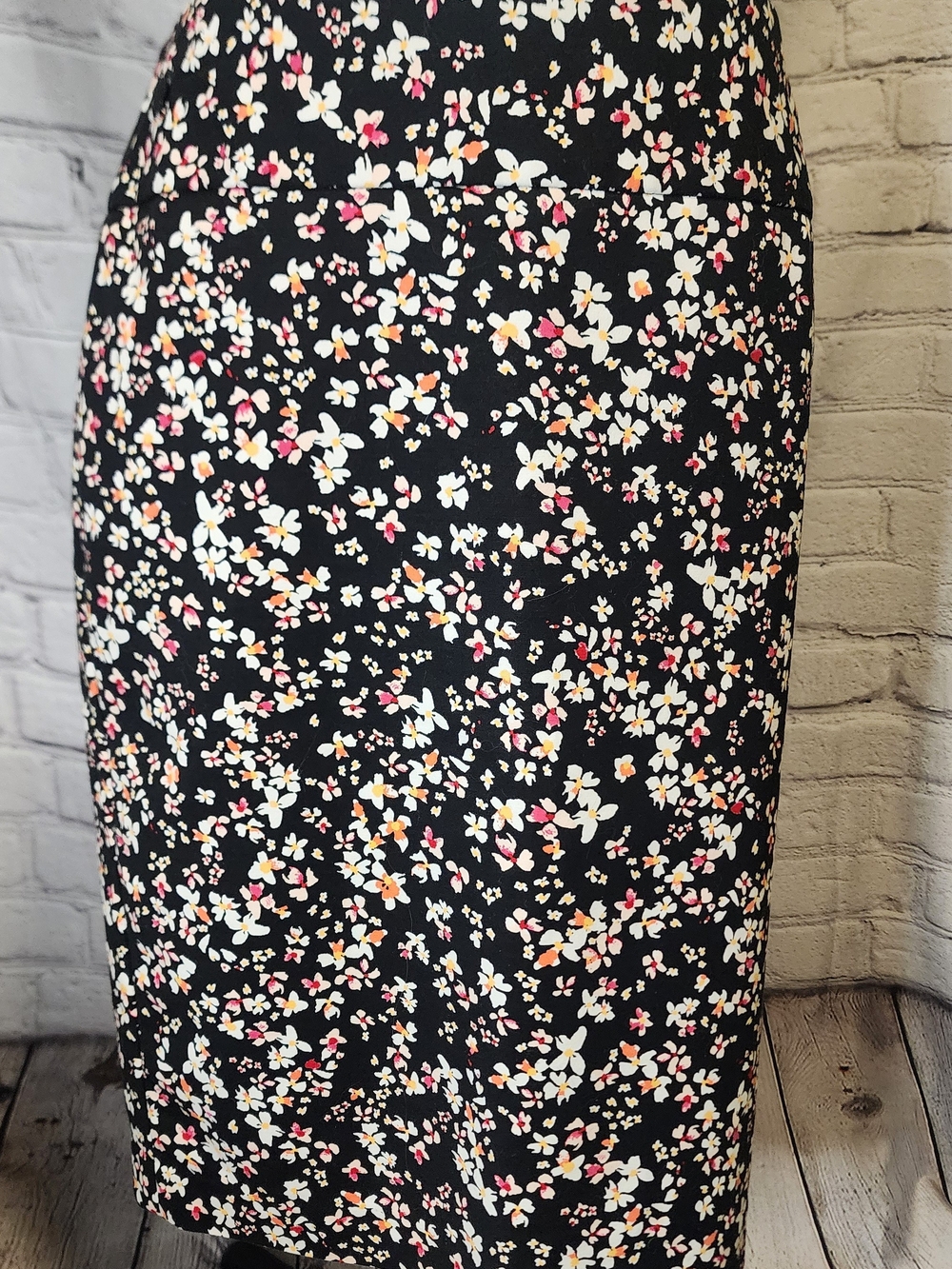 Liz Claiborne Black Floral Pencil Skirt with White, Pink, and Orange Accents